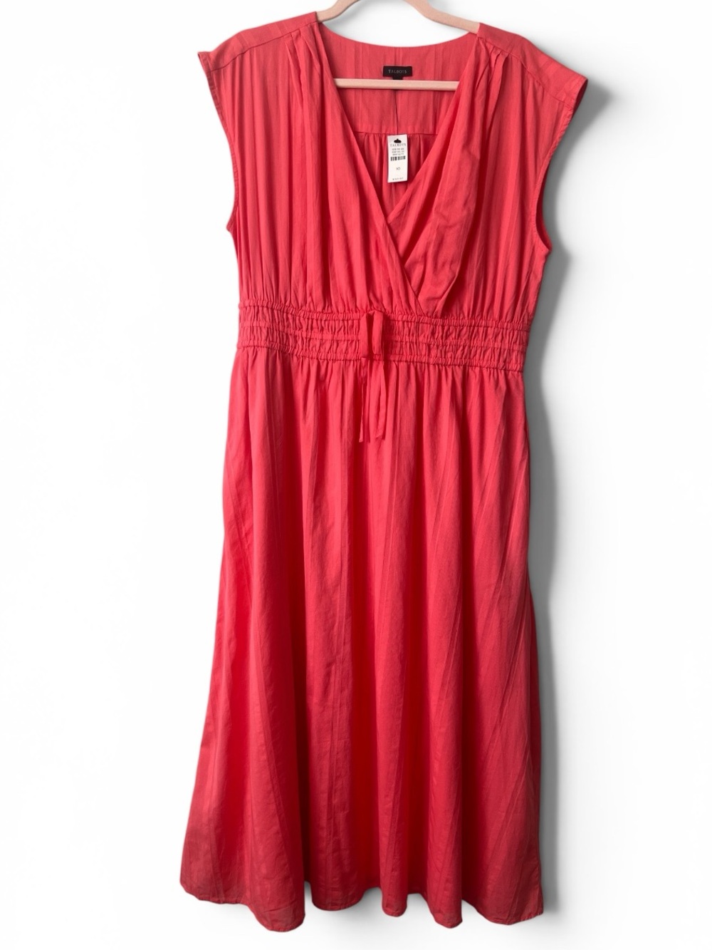 Talbots NWT Coral V-Neck Fit & Flare Midi Dress Pockets Smocked Waist Size 10 - Picture 2 of 9